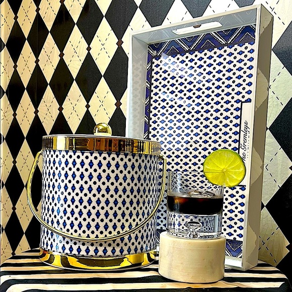 Blue & White Ice Bucket & Tray Set with Gold Trim | Bar Cart Glam - Picture 14 of 14